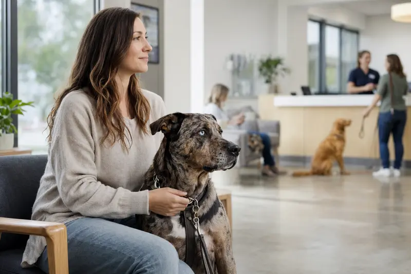 Ein Louisiana Catahoula Leopard Dog sitzt ruhig neben seinem Besitzer im hellen Wartezimmer einer Tierarztpraxis.